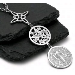 COLGANTE ACERO NUDO DE BRUJA,TETRAGRAMATON Y SAN BENITO TRIPLE PROTECCIÓN